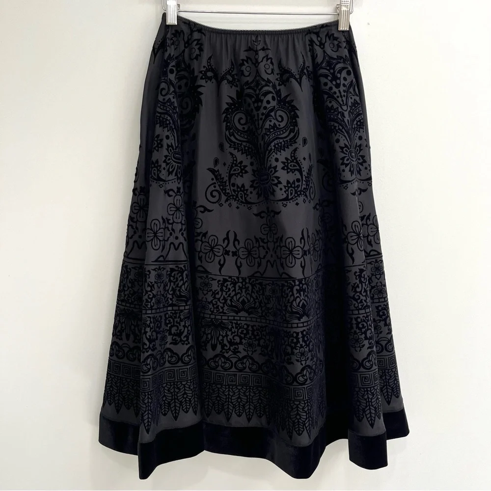 Y2K Vintage MSK Full Velvet Flocked Swing Skirt Black Floral Geometric Patterns - Picture 1 of 9